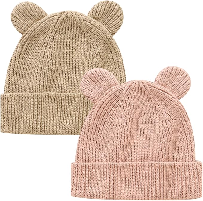 Hadetoto Cotton Baby Beanie Winter Knitted Hat, 2 Pack | Bear Ear Design by Hadetoto