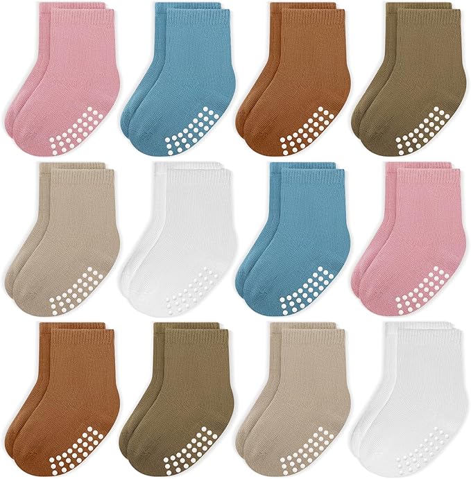 Baby Toddlers Crew Socks with Non-Slip Grip 12 Pack Cotton Stretch Socks | Soft by JAKIDAR