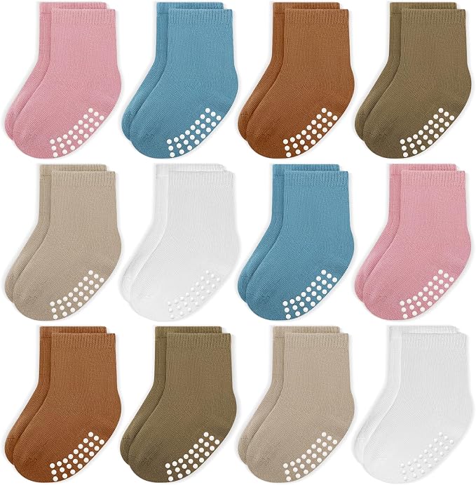 Baby Toddlers Crew Socks with Non-Slip Grip 12 Pack Cotton Stretch Socks | Soft by JAKIDAR
