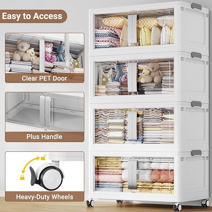 BROVIEW 800QT Stackable Storage Bins with Lids, 200Gal Extra Large Collapsible Storage Box with Wheel, Plastic Storages with Clear Door Open Front for Home Kitchen Garage, White-5pack(5 lids)