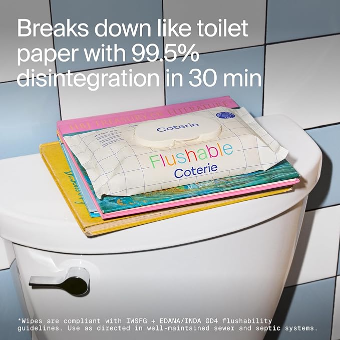 Coterie Flushable Wipes for Sensitive Skin, Hypoallergenic, 99% Water, Plant-Based Fibers, Sewer + Septic Safe to Flush, Fragrance Free Potty Training Toddler Toilet Wipes | 16 Packs (896 Count)
