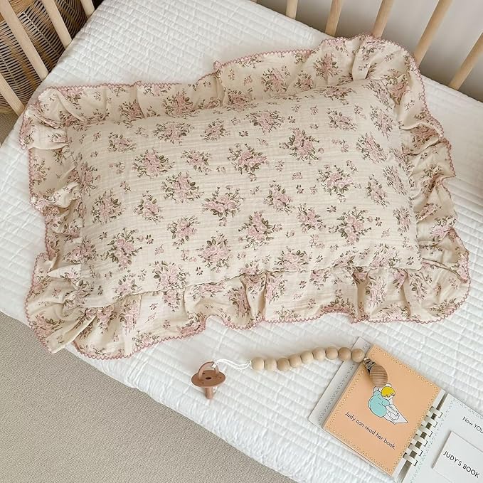 BuLuTu Cotton Muslin King Pillow Case, Chic Shabby Pink Floral Print Pillowcase for Teens Adults Children, French Country Ruffled Edges Pillow Cases,20x36 inch, 1 Piece, Pink Peony