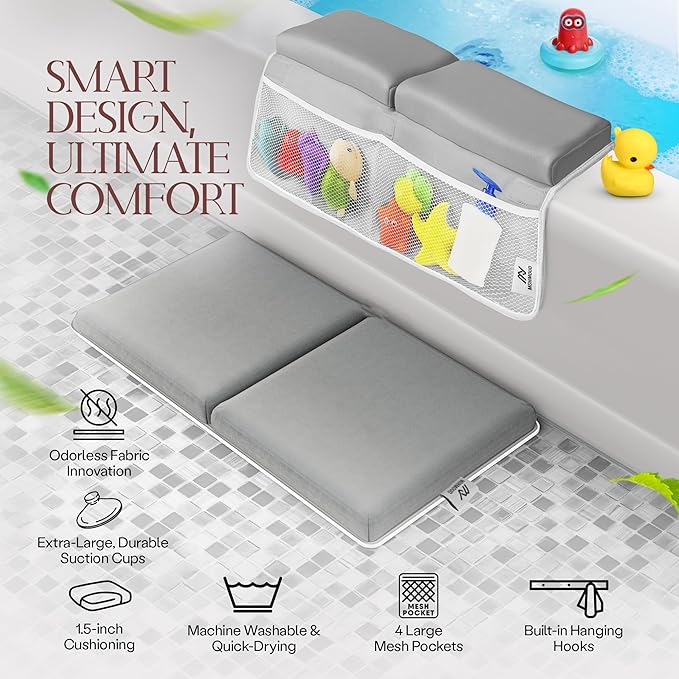 Baby Bath Kneeler & Elbow Rest Pad – Extra Thick Foam Pads for Comfort | Non-Slip, Machine Washable with Mesh Pockets & Suction Cups | Bonus Baby Brush & Washcloth – Thoughtful Gift for New Parents