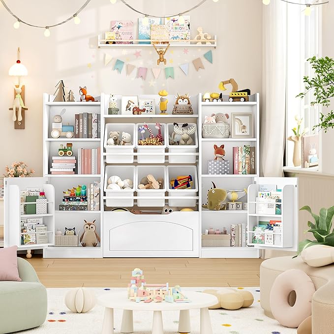 FINETONES 55” Toy Storage Organizer with Removable Bins, 5-in-1 Kids Bookshelf with Movable Chests and Book Shelves Behind The Doors, Toy Organizer Playroom with 6 Toy Bins and 8 Storage Cubes, White