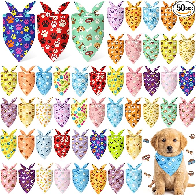 50 Pcs National Dog Day Dog Bandanas Bulk Pastel Paw Prints Pattern by Jeere