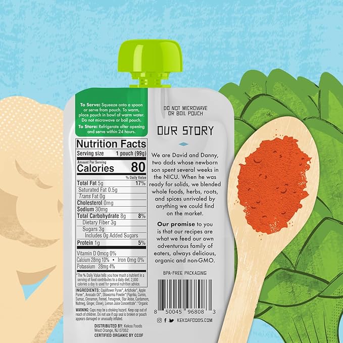 Kekoa Foods Shawarma, Artichoke & Cauliflower Baby Food Purée | 100% USDA Certified-Organic Vegetarian Squeeze Pouch | Organic, Non-GMO, Gluten-Free, Vegan | Nutritious First Food for Babies | 3.5 oz