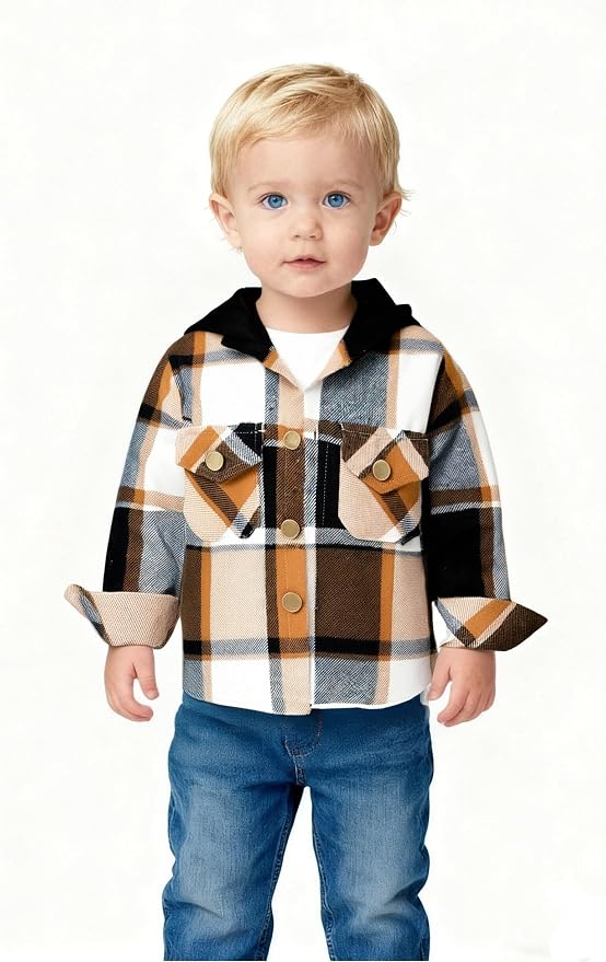 YOUNGER STAR Toddler Kids Boys Girls Flannel Hooded Plaid Shirt Button Baby Red - Image 2