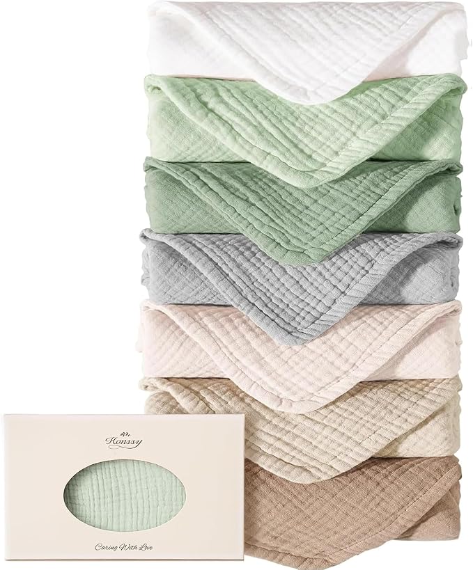 Konssy 7-Pack Muslin Baby Burp Cloths, 6-Layer 100% Cotton | Soft & Absorbent by Konssy