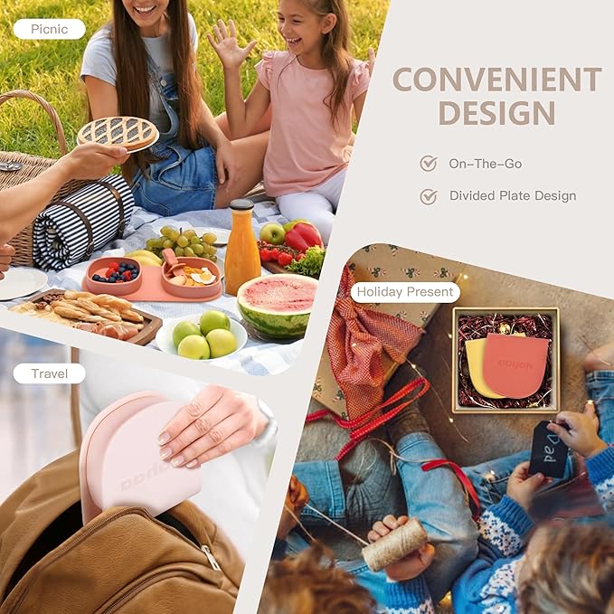 Silicone Foldable Novelty Dinner Plates,Baby Plates Travel Essential with Forks and Spoons,Microwave & Dishwasher SafeWatermelon