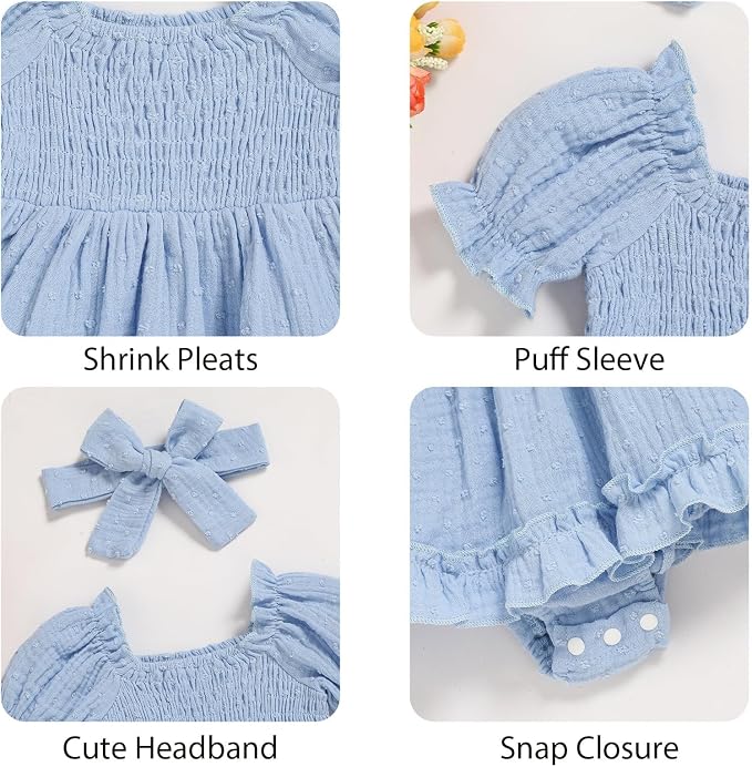 GRNSHTS Baby Girl Romper Dress, Puff Sleeve Smocked Outfit - Image 5
