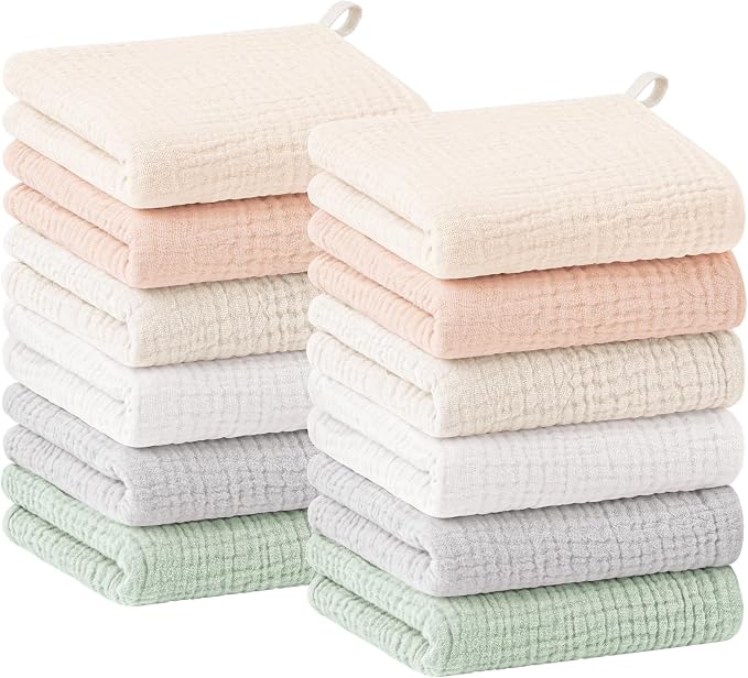 Bearmoss 12 Pack Baby Muslin Washcloths, 100% Cotton 10"x10" Face Towels by Bearmoss