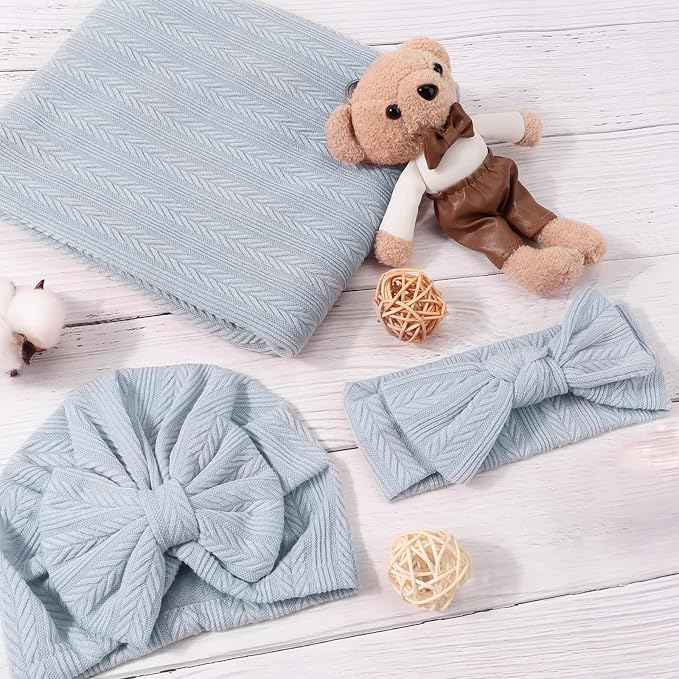 AQOKKA Newborn Receiving Blanket Wheat Ear Bow Hat Hairband Set - Image 3
