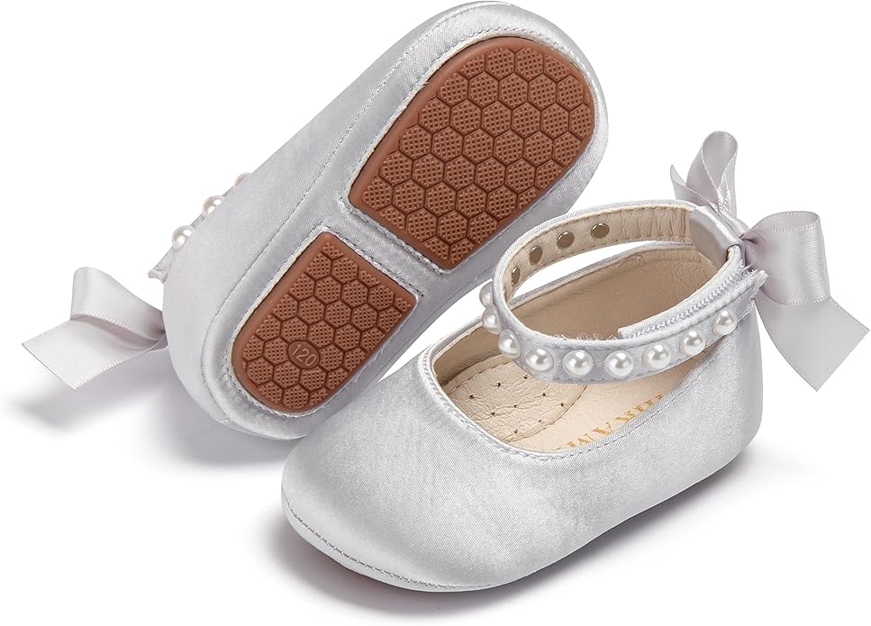 Baby Girls Mary Jane Flats - Infant Newborn Walking Shoes Soft Rubber Sole Princess Wedding