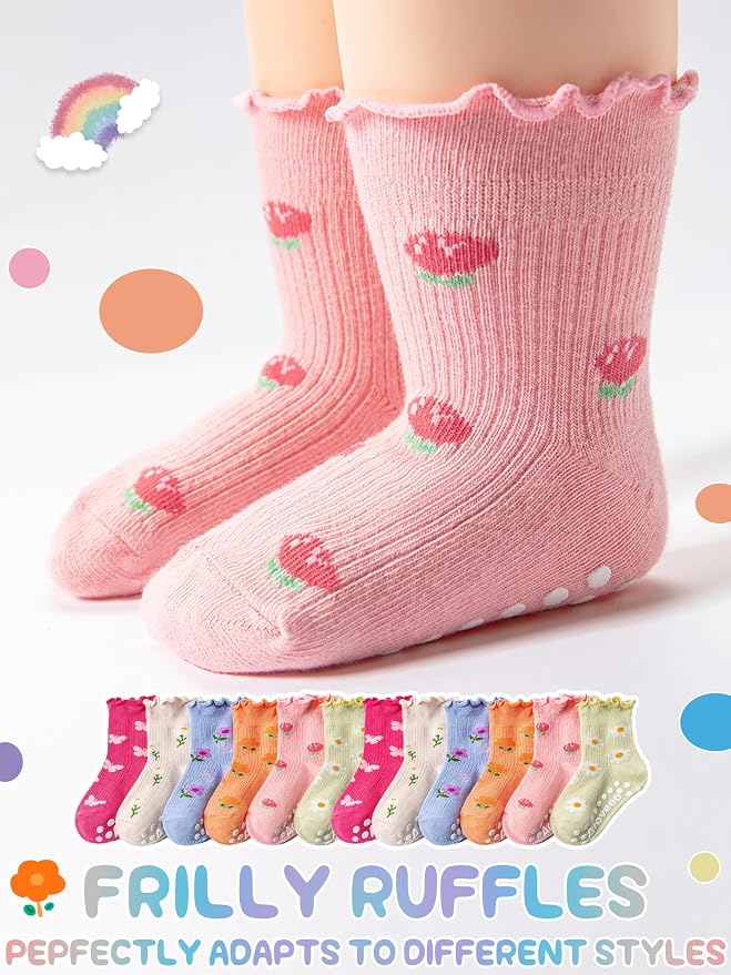 Baby Toddler Girls Socks Grip Ruffle Non Slip Kids Cotton 12 Pack Socks | - Image 6