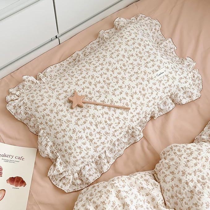 BuLuTu Camellia Floral Print Pillowcase King Muslin Cotton Pillow Case Chic Shabby Pillow Cover with Ruffles Enveloped Pillowcases, Machine Washable, 20x36 inch, 1 Piece