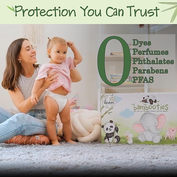 Bamboo Baby Diapers, Totally Chlorine Free for Sensitive Skin for Newborns to XXL. Hypoallergenic & Non Toxic Eco Friendlier Plant-Based Materials. TCF Medium Size 2 to 3 Diapers (192 ct)