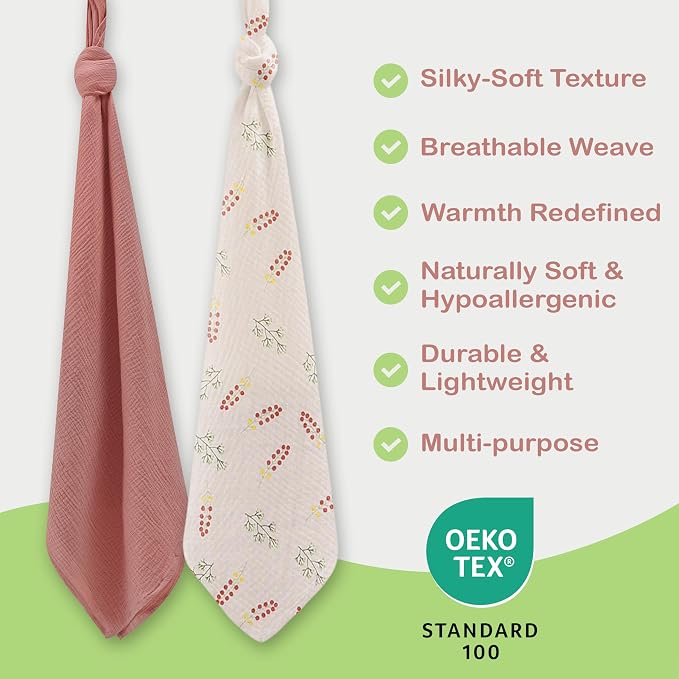 100% Organic Cotton 2 PK Baby Girl Muslin Swaddle Blanket 47x47 in | Oeko-TEX - Image 3