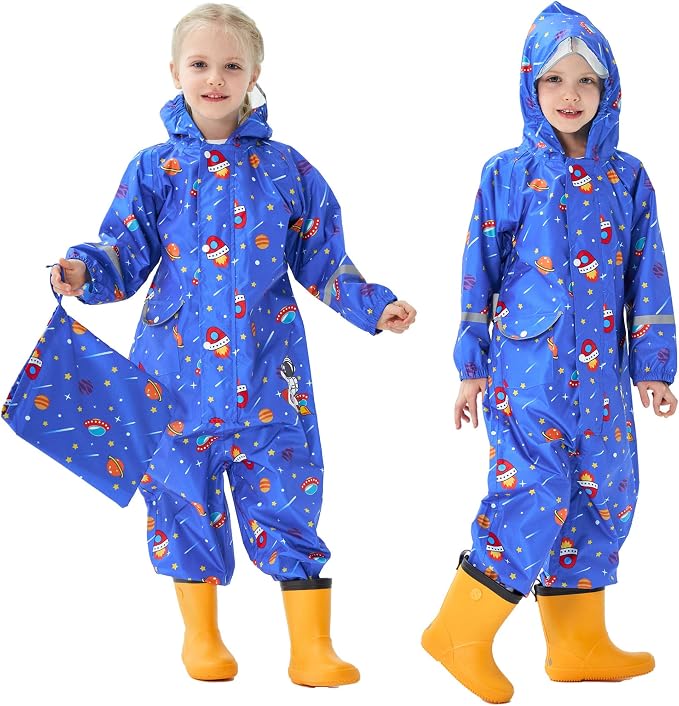 Fewlby Kids Toddler Rain Suit for Boys Girls One Piece Hoodie Zipper Cartoon by FEWLBY