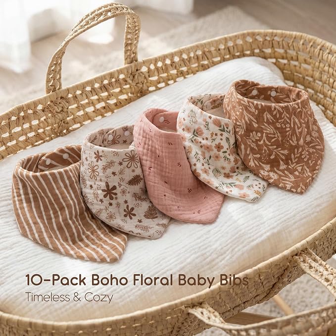 Tunnkit Muslin Baby Bibs, 10 Pack Bandana Bibs, Triangular Bibs | Extra - Image 2