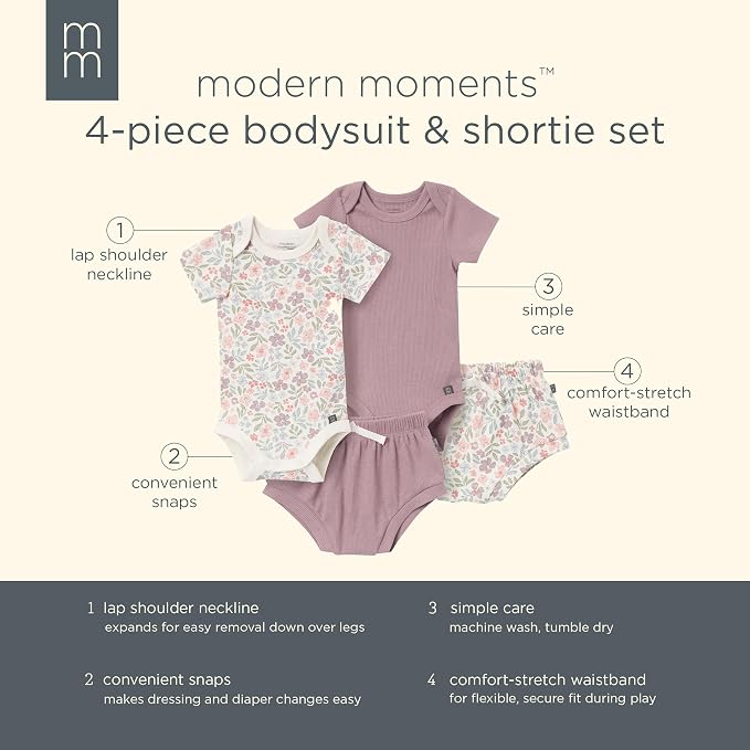 Modern Moments by Gerber Baby 4-Pack Short Sleeve Bodysuits & Shortie Set - Image 6