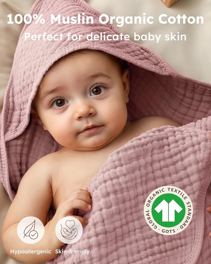 Yoofoss Hooded Baby Bath Towels 2 Pack 100% Muslin Organic Cotton - Image 2
