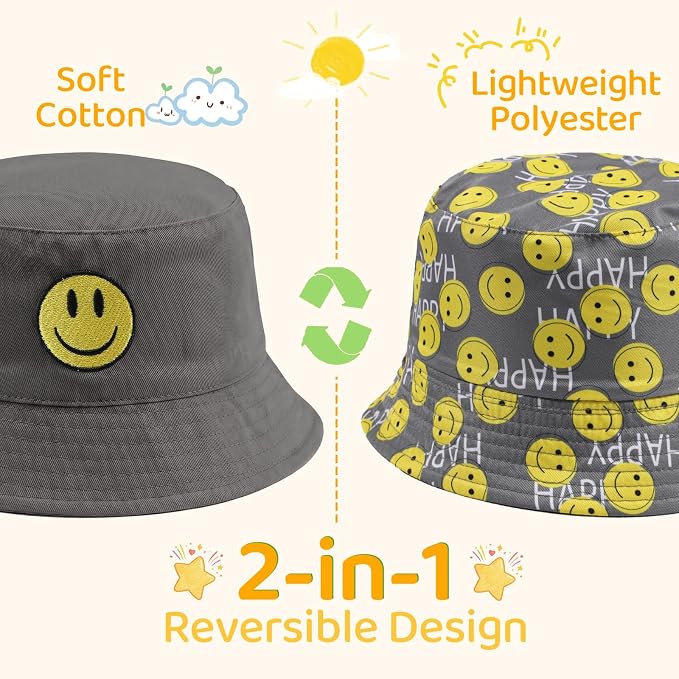 Toddler Hat Reversible Bucket Hat Happy Face Sun Hat Adjustable Chin Strap - Image 3