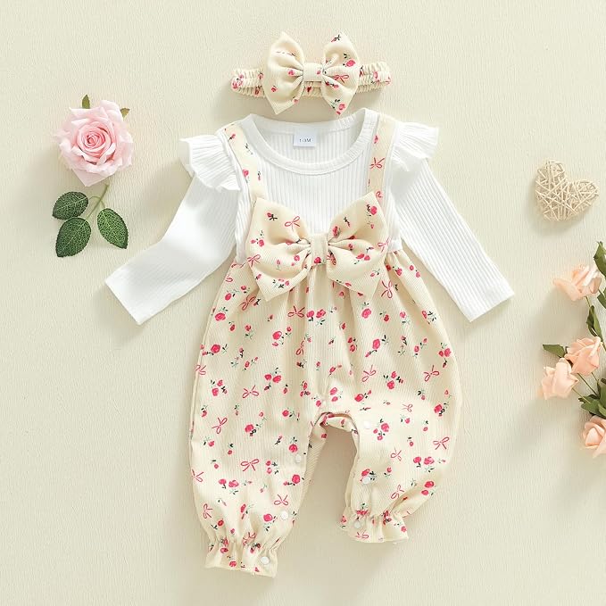 Newborn Baby Girl Clothes Ruffle Sleeve Jumpsuit Corduroy Floral - Image 3