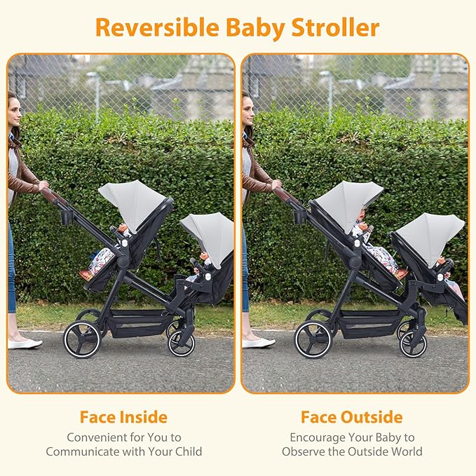 Tandem Double Stroller Newborn and Toddler, Foldable Twin Stroller with Reversible Seat, 5-Point Safety Harness, Adjustable Backrest & Canopy, Storage Basket, Light Grey