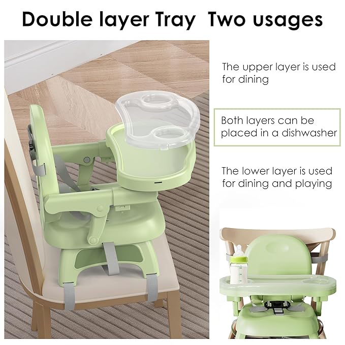 Bella’s Friends 3-in-1 Toddler Booster Seat for Dining Table and Kitchen Chair with Adjustable Double Layer Tray and Safety Straps, Foldable&Portable Baby Floor Seat with Removable Cushion, Green