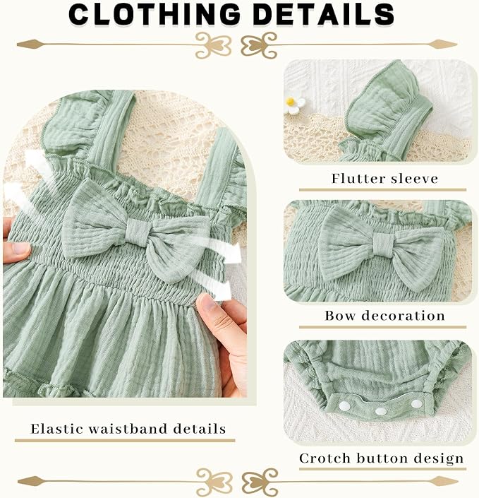 Baby Girl Smocked Romper Dress Ruffle Bow Summer Outfit - Image 4