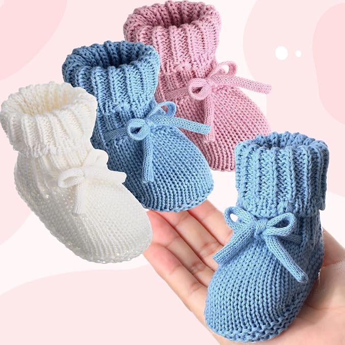 Evervibe 3 Pair Knitted Baby Booties | 100% Cotton, 0-6 Months Newborn - Image 2