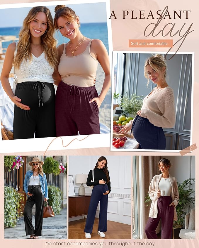 3 Pack Maternity Pants for Women Over The Belly Lounge Work Pregnancy Pants Drawing Wide Leg Trousers with Pockets
