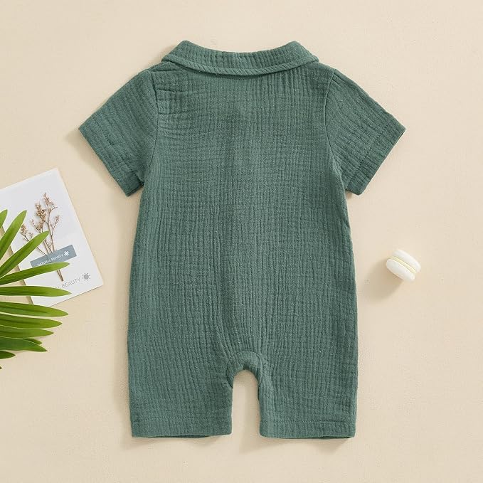 Honganda Summer Baby Boy Cotton Linen Jumpsuit Short Sleeve Button Down - Image 3
