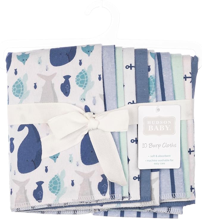 Hudson Baby Cotton Flannel Burp Cloths 10-Pack, Sea Friends, One Size - Image 2