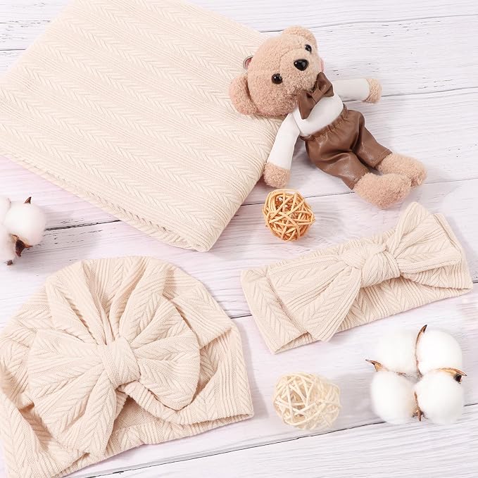 AQOKKA Newborn Receiving Blanket Wheat Ear Bow Hat Hairband Set - Image 7