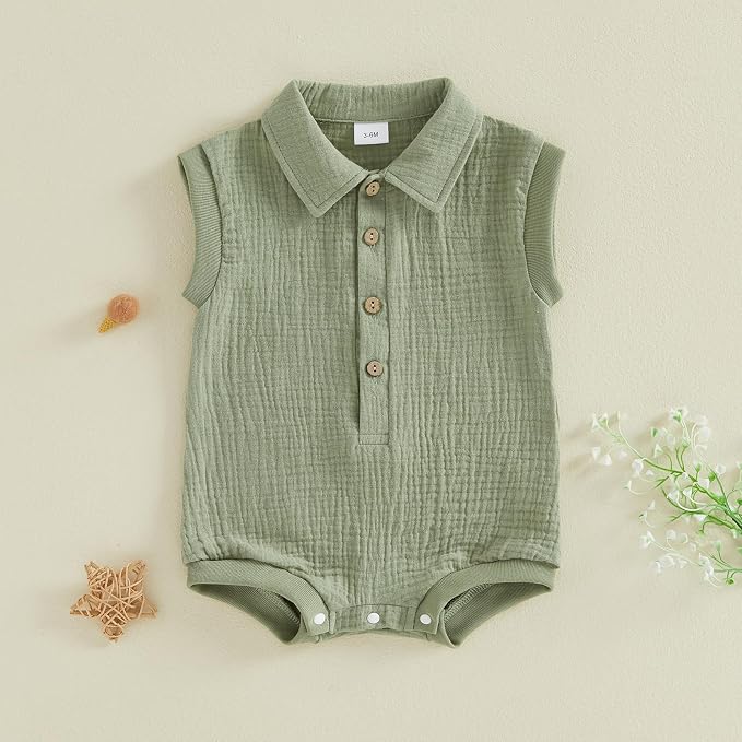 Honganda Newborn Baby Boy Cotton Linen Romper Short Sleeve Lapel Collar Button - Image 4