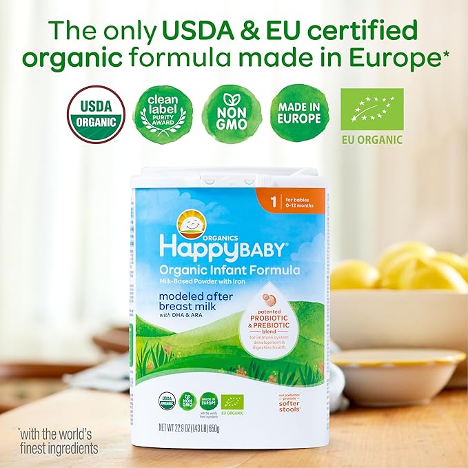 Happy Baby Organics Stage 1 Infant Formula, 0-12 Months, Milk Based Organic Baby Formula Powder with Iron, Probiotics & Prebiotics for Immune & Digestive Support, 22.9 Ounce (Pack of 1)