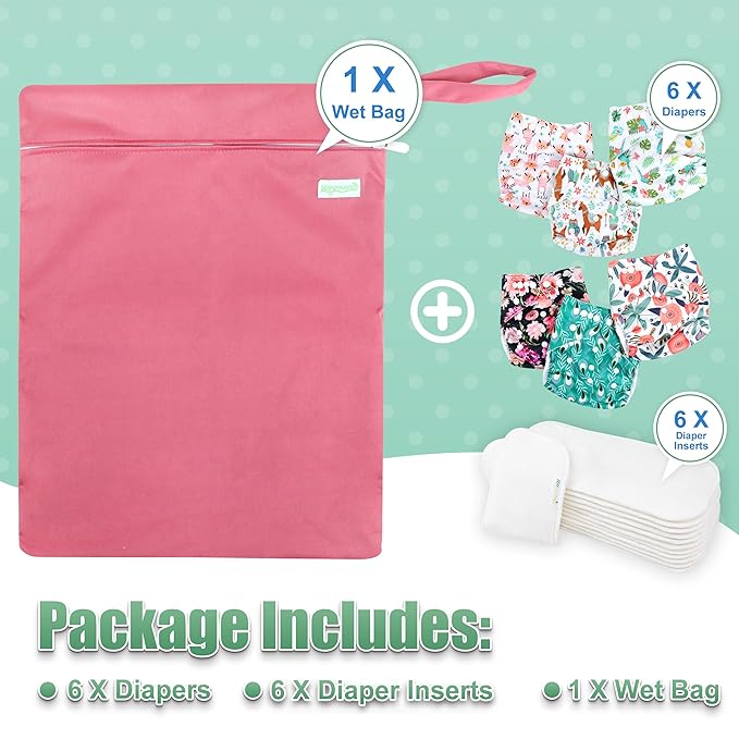 wegreeco Cloth Diapers 6 Pack with 6 Inserts & 1 Wet Bag, Washable Cloth Diapers for Babies, One Size Adjustable Reusable (Flower)
