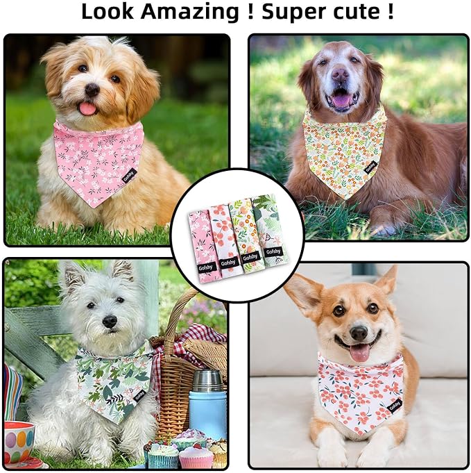 Small Summer Spring Dog Bandanas-4PCS Pink Green Orange Floral Scarf - Image 5