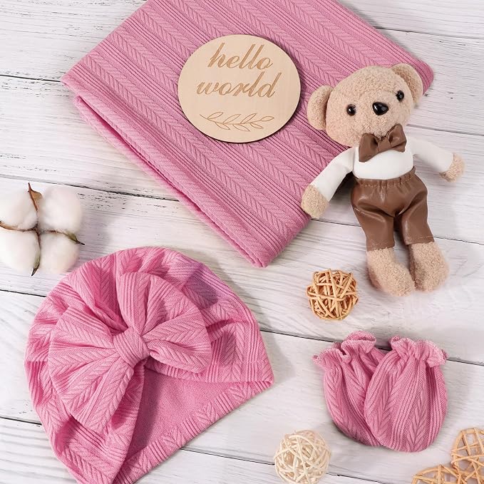AQOKKA Newborn Receiving Blanket Wheat Ear Bow Hat Mitten Set | 4 Set Receiving - Image 3