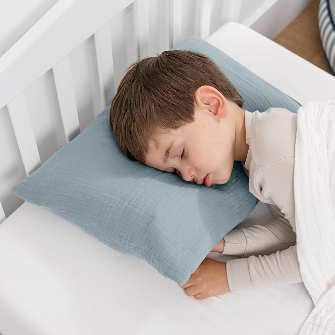 Comfy Cubs Toddler Pillow with Muslin Pillowcase, 13 x 18 in, 2 Pack - Travel and Sleep Support for Kids - Lightweight, Breathable Microfiber Fill - Soft & Cozy Small Pillow for Toddler Pacific Blue