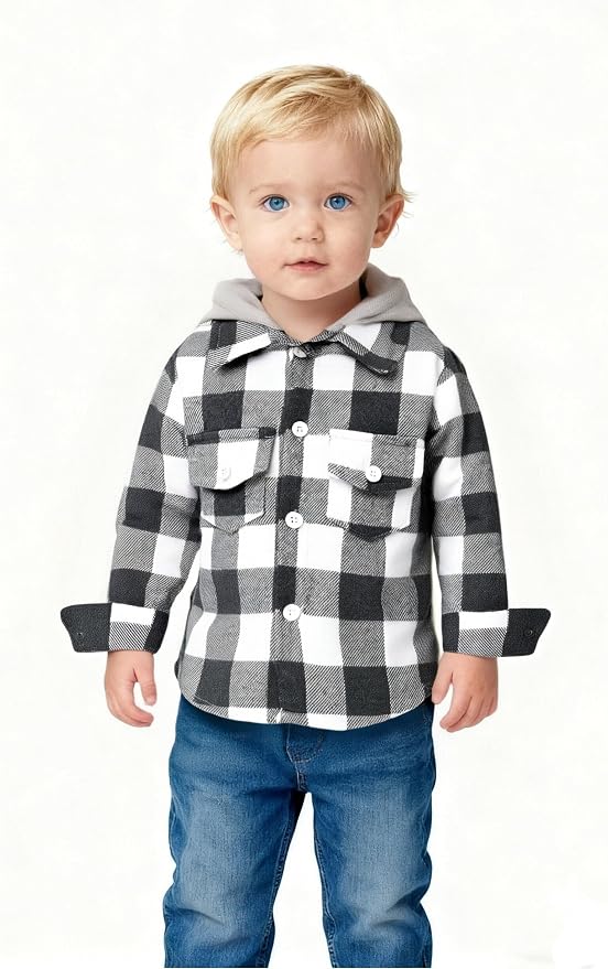 YOUNGER STAR Toddler Kids Boys Girls Flannel Hooded Plaid Shirt Button Baby Red - Image 2