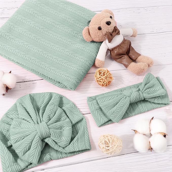 AQOKKA Newborn Receiving Blanket Wheat Ear Bow Hat Hairband Set - Image 3