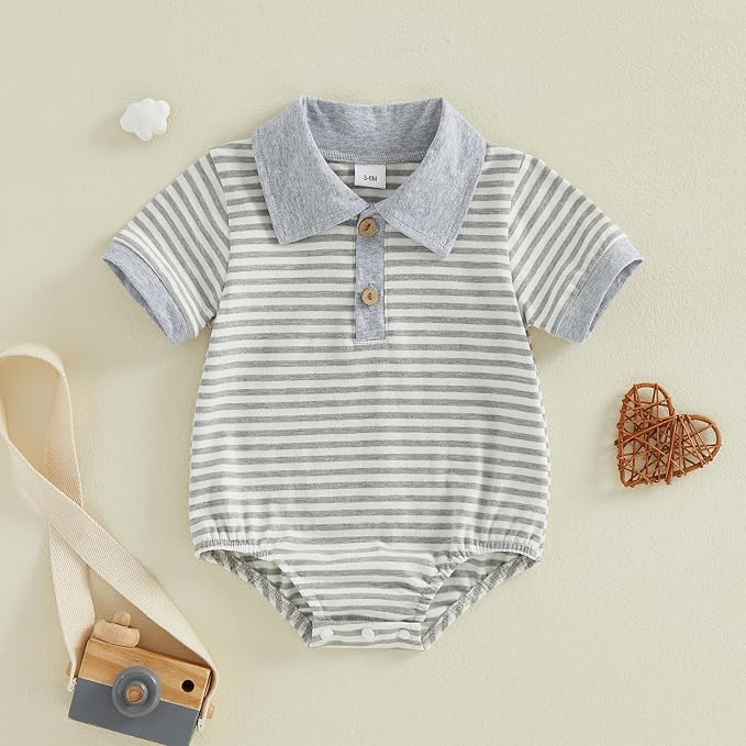 VISGOGO Baby Boy Striped Romper Waffle Short Sleeve Button Oversized Bodysuit - Image 4