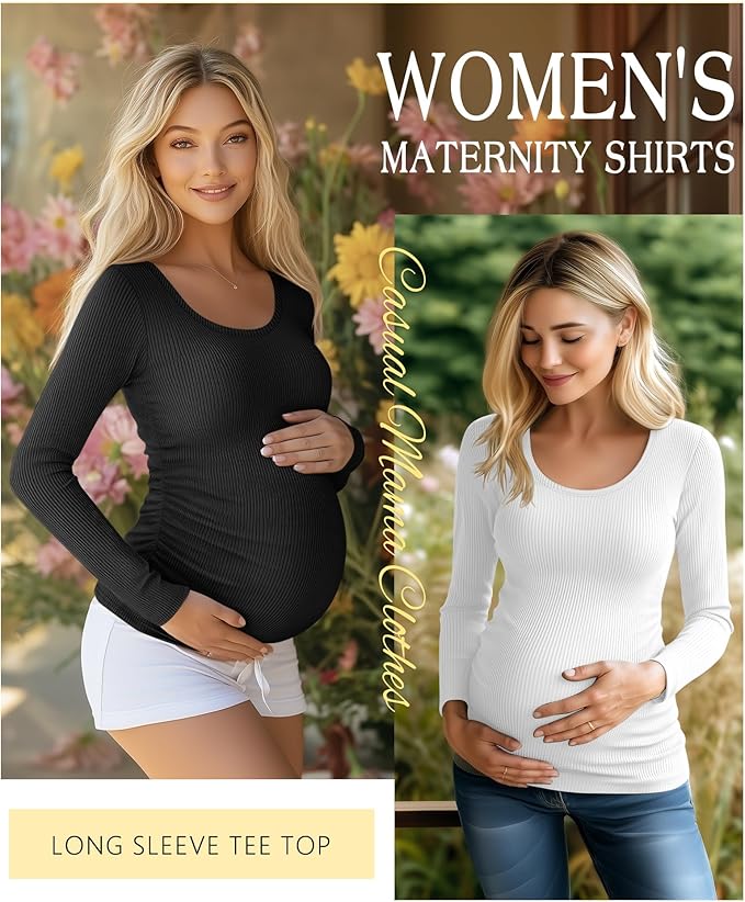 Riyiper 4 Pack Women's Maternity Shirts, Long Sleeve Cotton Ribbed Pregnancy Tee Top Crewneck Side Ruched Casual Mama Clothes