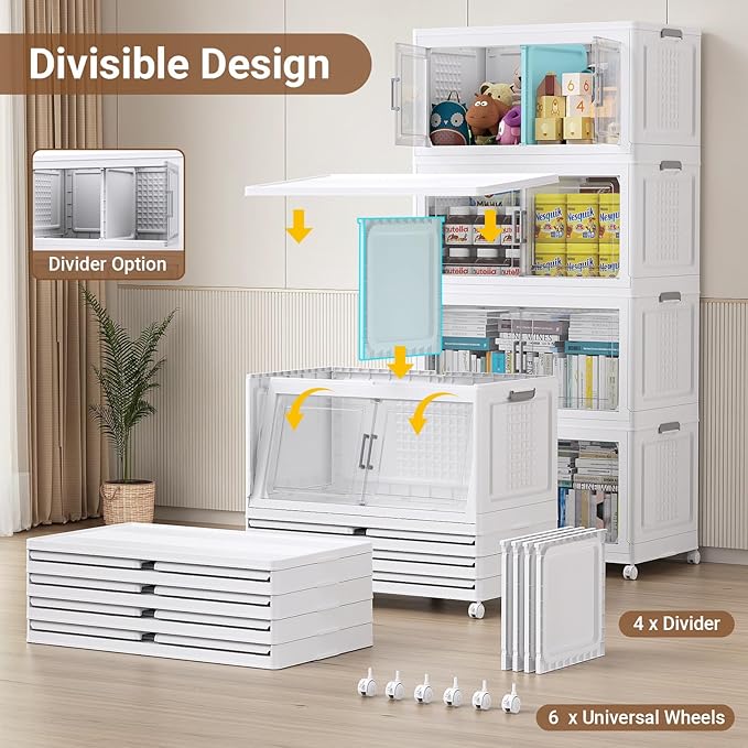 BROVIEW 600Qt Plastic Storage Bins with Lid and Wheels, 3Pack Extra Large Stackable Storage Bins with Dividers,Closet Organizers and Storage Cabinet Collapsible Box Shelves for Home Kitchen,White