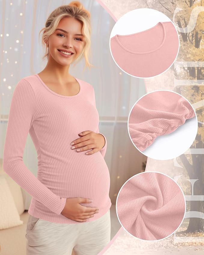 Riyiper 4 Pack Women's Maternity Shirts, Long Sleeve Cotton Ribbed Pregnancy Tee Top Crewneck Side Ruched Casual Mama Clothes
