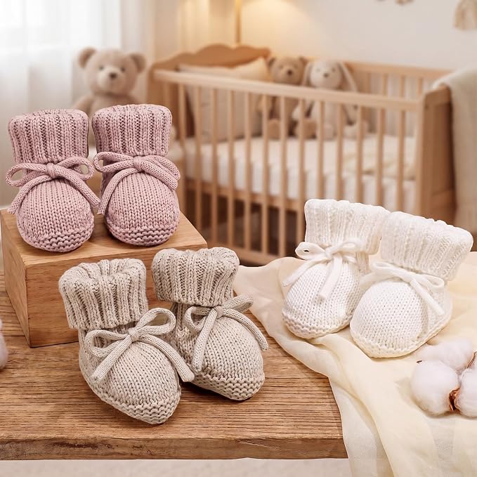 Evervibe 3 Pair Knitted Baby Booties | 100% Cotton, 0-6 Months Newborn - Image 3