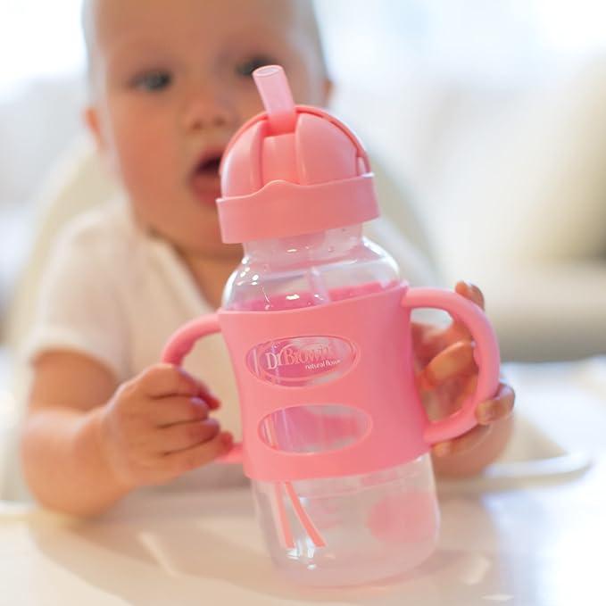 Dr. Brown's Milestones Wide-Neck Sippy Straw Bottle with 100% Silicone Handles and Weighted Straw, 9 oz/270 mL, Gray & Pink, 6m+, 2 Count (Pack of 1)