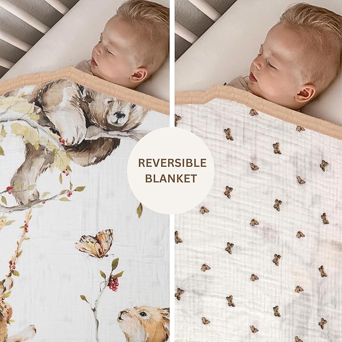 Baby Muslin Woodland Blanket – Reversible Cotton Muslin Baby Quilt, 48x48 Woodland Blanket for Newborns & Toddlers – Gender Neutral, Soft & Breathable